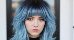 Wolf cut with blue ombre bangs and layered textured hair