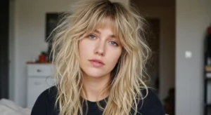 Messy blonde wolf cut with shaggy bangs for casual textured style