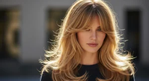 Long blonde wolf cut with feathered bangs for soft layered long hair