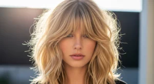 Golden blonde wolf cut with textured bangs and warm tones