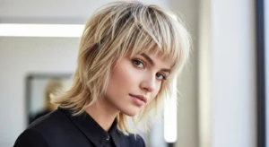 Short blonde wolf cut with micro bangs for bold short hairstyle