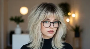 Blonde wolf cut with dark roots and wispy bangs for low maintenance style
