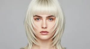 Platinum blonde wolf cut with full bangs for bold and edgy hairstyle