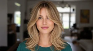Layered blonde wolf cut with curtain bangs for soft face framing look