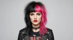 Wolf cut with split color bangs and edgy layered hairstyle