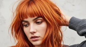 Wolf cut with orange bangs and textured layered style