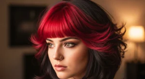Wolf cut with red bangs and voluminous layered hair