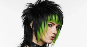 Wolf cut with neon green bangs and edgy layered texture