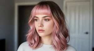 Wolf cut with soft pink bangs and layered medium length hair