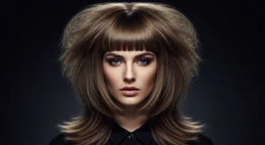 Layered wolf cut with thick blunt bangs and bold fringe
