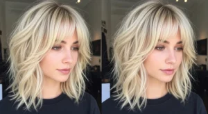 Soft blonde wolf cut with wispy bangs for fine hair and natural volume