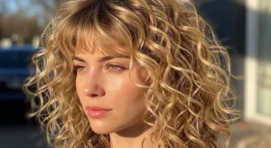 Curly blonde wolf cut with bangs for natural volume and texture