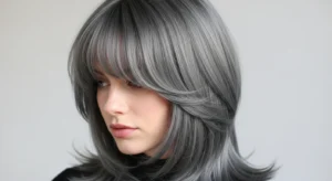 Wolf cut with ash gray bangs and cool toned layered hair