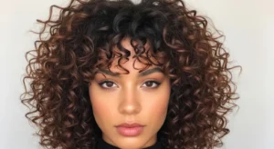 Curly wolf cut with natural curly bangs and volume