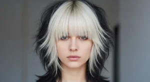 Wolf cut with blonde bangs on dark hair and layered texture
