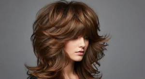 Voluminous wolf cut with thick layers and full bangs