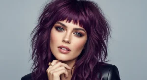 Wolf cut with purple bangs and shaggy layered style