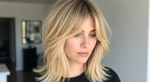 Medium length blonde wolf cut with side bangs for easy everyday style