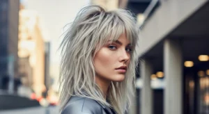 Ash blonde wolf cut with choppy bangs for textured edgy hairstyle