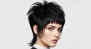 Short wolf cut with choppy bangs and edgy textured layers