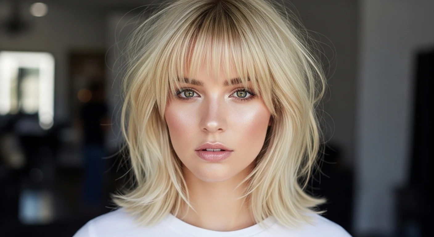 Blonde wolf cut with bangs hairstyle showing layered volume and soft texture