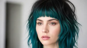 Wolf cut with teal bangs and shaggy layered texture