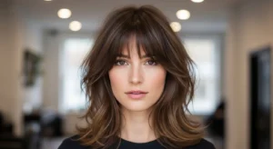 Classic shaggy wolf cut with soft feathered bangs and natural layered texture
