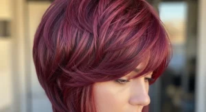 Wolf cut with burgundy bangs and soft layered hair