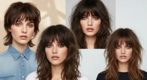 Shaggy wolf cut with bangs hairstyle collage featuring short, medium, and long textured layered hair ideas
