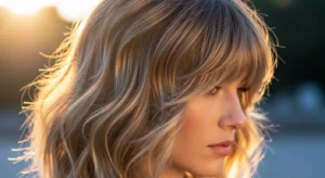Wavy wolf cut with layered bangs and natural waves