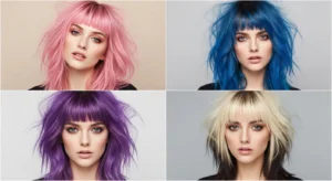 Wolf cut hairstyles with colored bangs collage featuring pink, blue, purple, and blonde fringe ideas