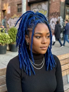 Blue dyed locs hairstyle