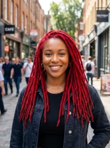 Red dyed locs hairstyle