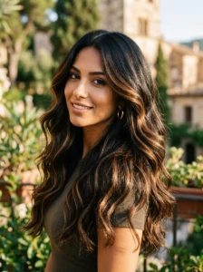 Deep caramel highlights hairstyle