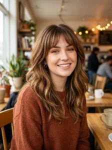 Caramel highlights with bangs hairstyle