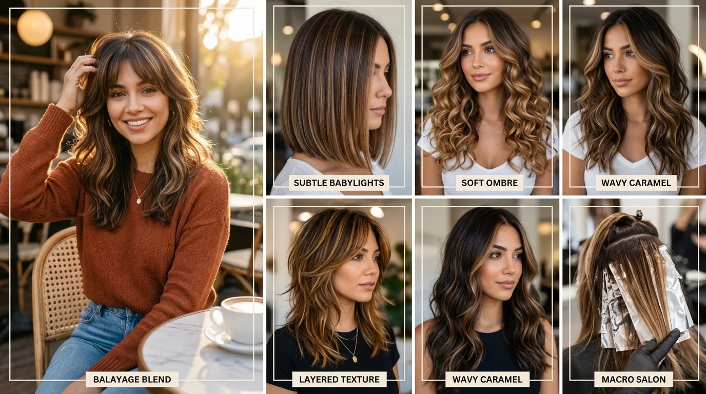 Caramel highlights hairstyles collage with warm toned hair ideas
