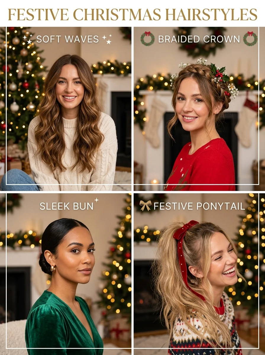 Christmas hairstyles collage with festive hair ideas for women