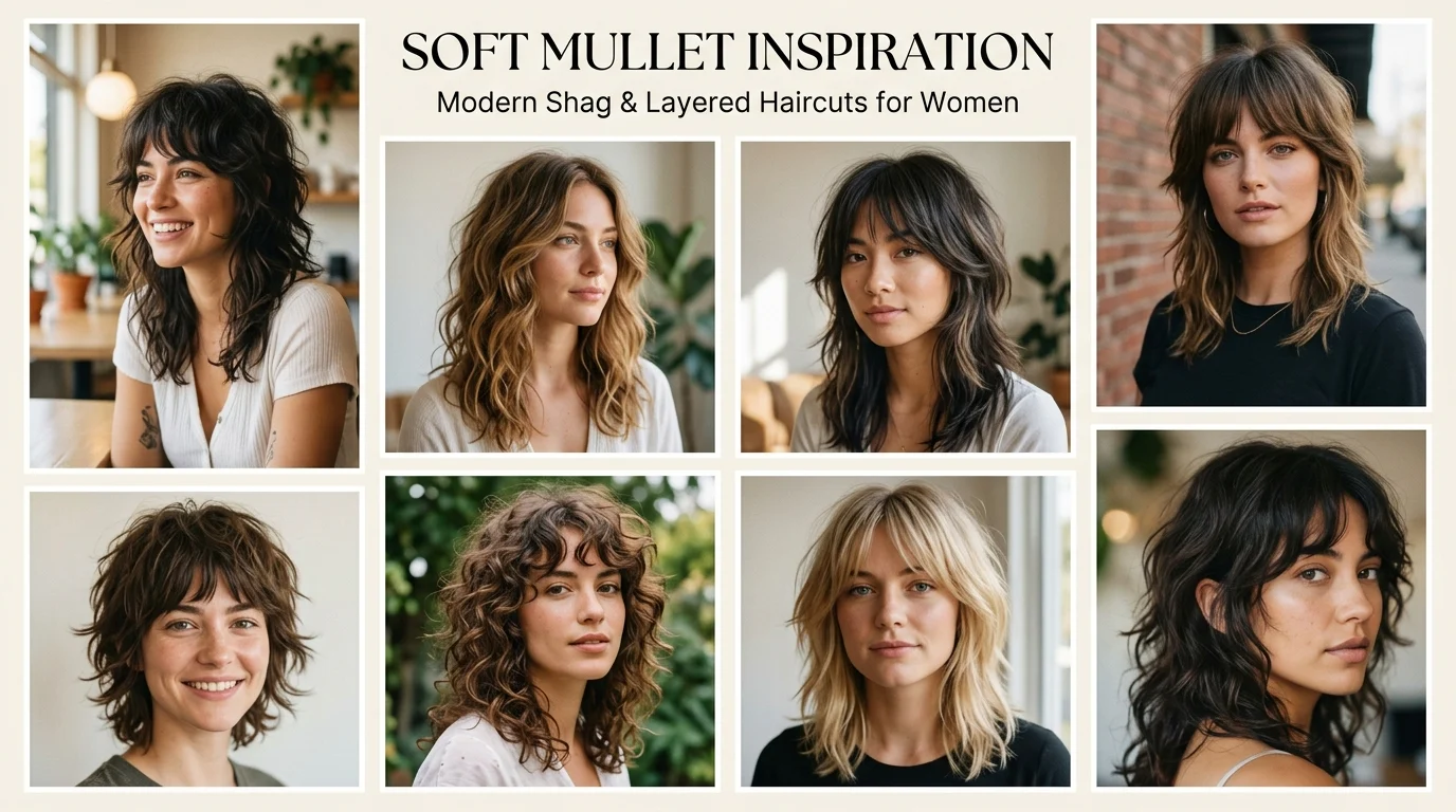 Soft mullet haircuts collage with modern wearable styles