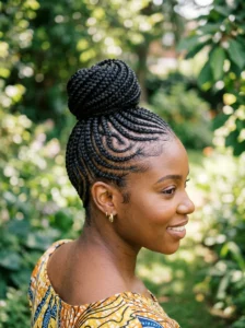 Swirl cornrows with bun hairstyle