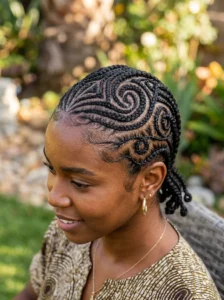 Swirl cornrows updo hairstyle
