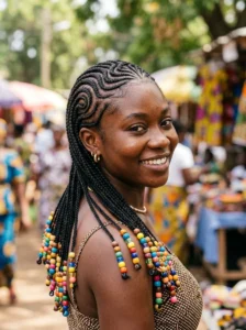 Swirl cornrows with beads hairstyle
