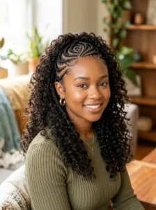 Swirl cornrows with curls hairstyle