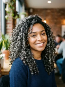 Silver highlights curly hairstyle