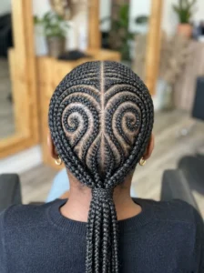 double swirl cornrows symmetrical pattern, mirrored braids on both sides

