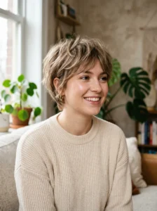 Feathered crop hairstyle