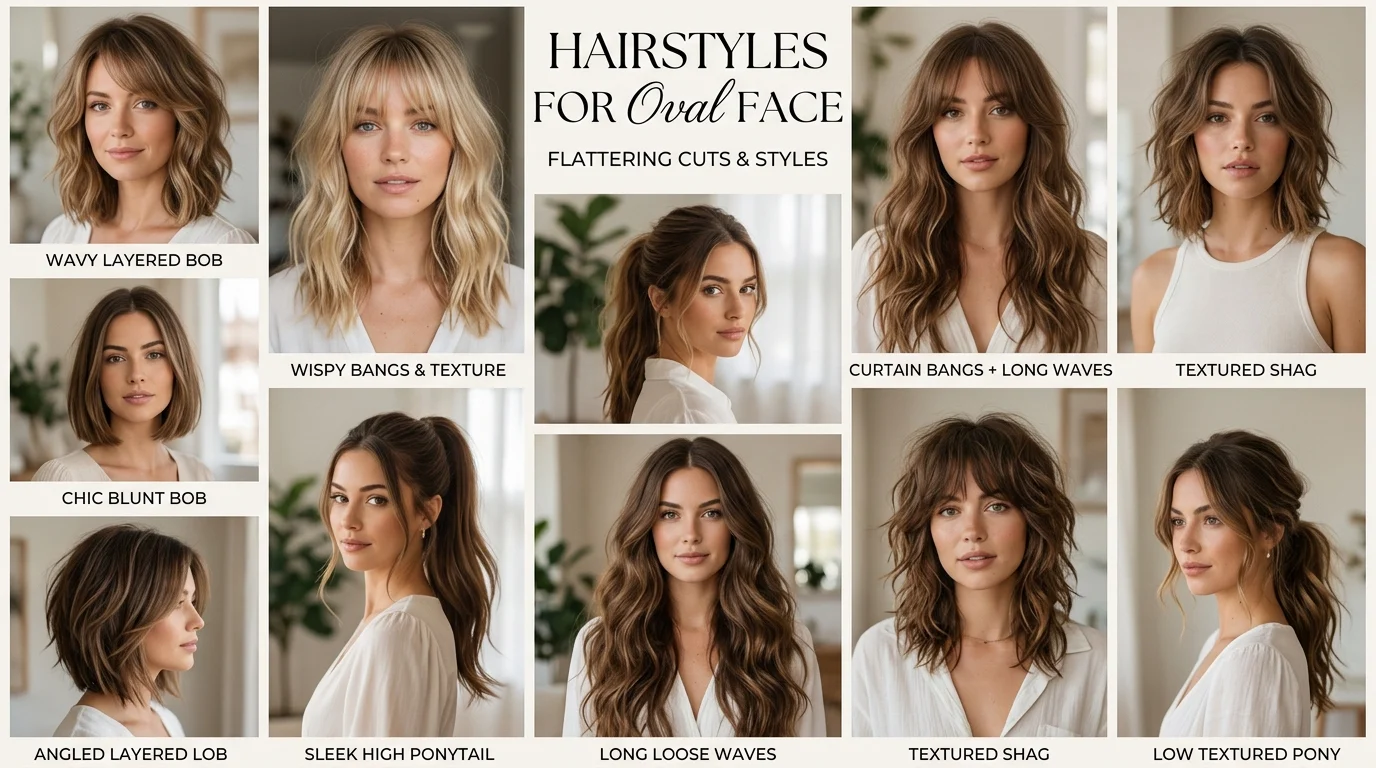Hairstyles for oval face shape collage with different haircut ideas