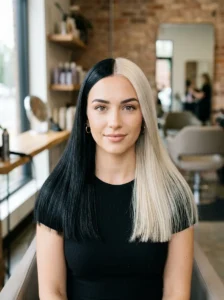 Half black half blonde contrast hairstyle