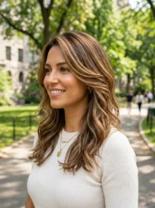Layered caramel highlights hairstyle