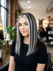 Platinum silver streaks hairstyle