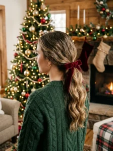 Low ponytail with ribbon Christmas hairstyle